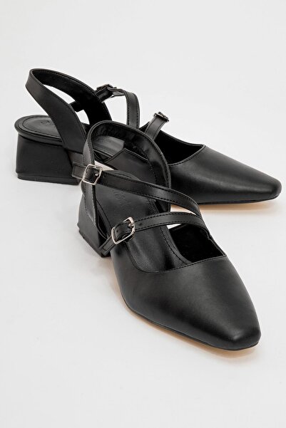 CCWAY AYAKKABI صندل نسائي بكعب مفتوح من الخلف بإبزيمين جلد أسود