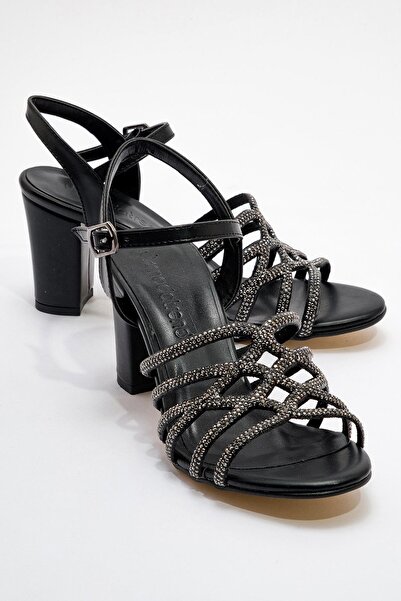 CCWAY AYAKKABI صندل نسائي بكعب عالي من الجلد الأسود