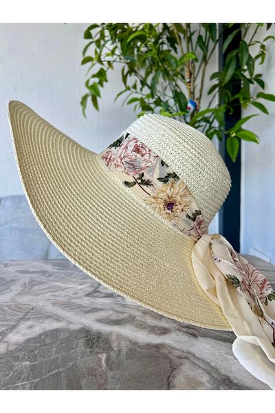 GÖZDE ŞAPKA Women's Flower Pattern Bow Wide Edge Straw Hat