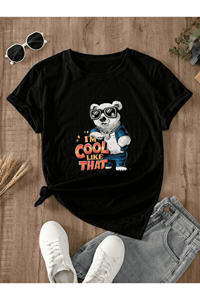 Frisson Unisex βαμβακερό μαύρο oversize άνετο μπλουζάκι "Cool Bear" με στάμπα...