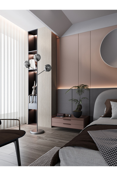 avizade LOREVA 3'lü Füme Cam Küre Lambader - Siyah Metal Gövdeli Modern Yer Lambası