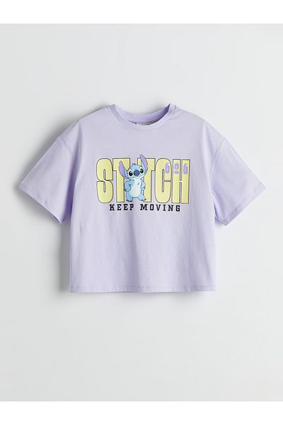 LC Waikiki Crew Neck Stitch Printed Girl's Crop T-Shirt