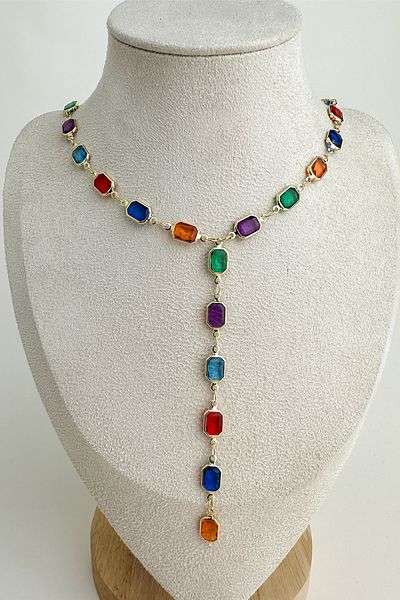 Modex Colorful Rectangular Stone Low-Cut Y Necklace (56cm)
