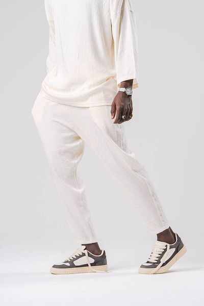 SUPERBLUE Men's Basic Elastic Waist Loose Ecru Shalwar Trousers
