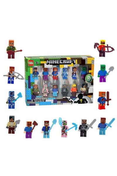OEM Set de 12 figurine Minecraft cu accesorii, Steve și Zombie Blocks, multicolore, 4 cm