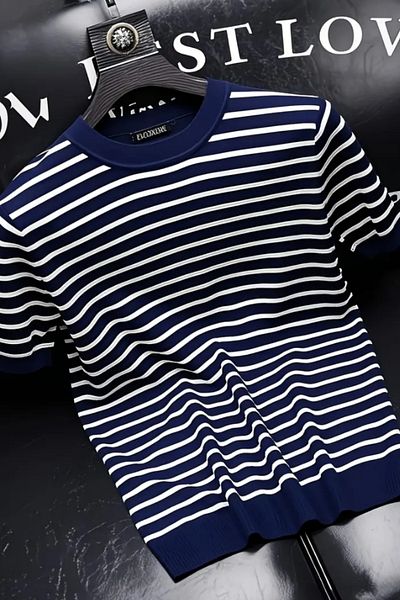 Tarz Cool Men's Dark Navy Blue Short Sleeve Ribbed Acrylic-Cotton Blend Knitwear T-Shirt