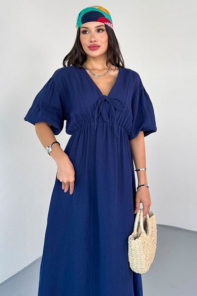 Cappmoda ELB-01812 Μπλε ναυτικό με λαιμόκοψη V με λαστιχένια μανίκια Βαμβακερό λινό μακρύ φόρεμα