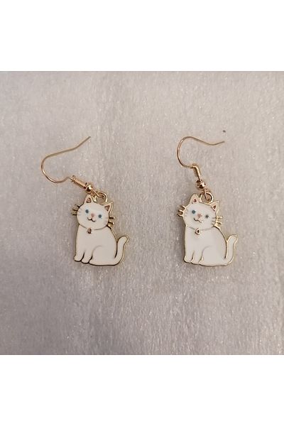 Butik Tülin Authentic Gold Metal White Enamel Tiny Cat Dangle Earrings 3.5X1.7Cm Made in Thailand