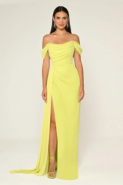 ALFABETA Women's Off-Shoulder Slit Detail Apple Green Evening & Homecoming Dress Ab6772-Apple Green