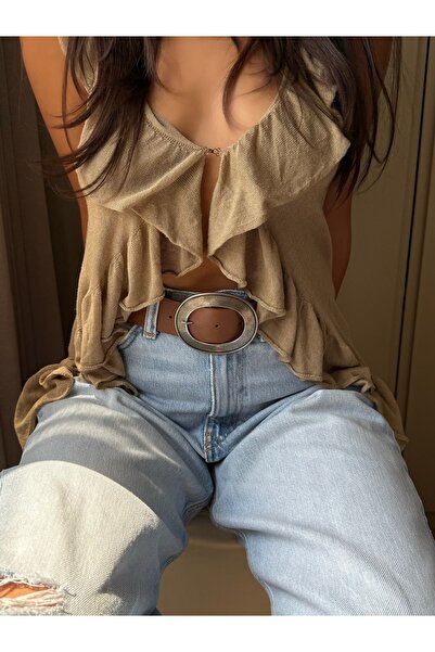 coaksco Γυναικεία ζώνη μεγάλης οβάλ αγκράφα σε καφέ χρώμα