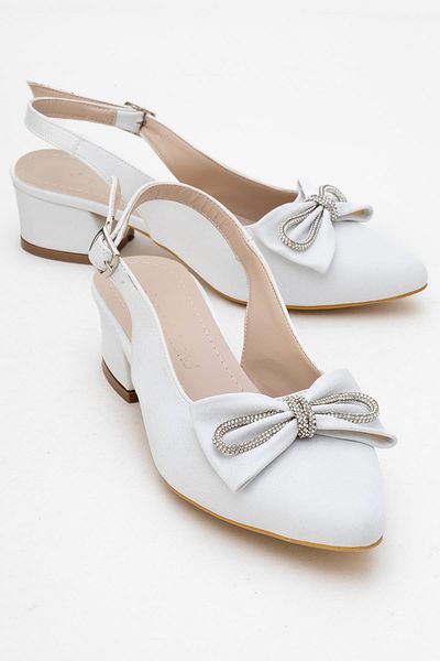 CCWAY AYAKKABI Stoned Bow Tie Open Women's Heeled Shoes White Ringo