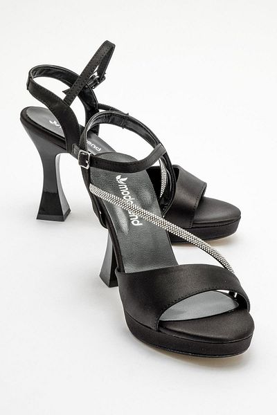 CCWAY AYAKKABI Women's Stone Platform Heeled Shoes Black Satin