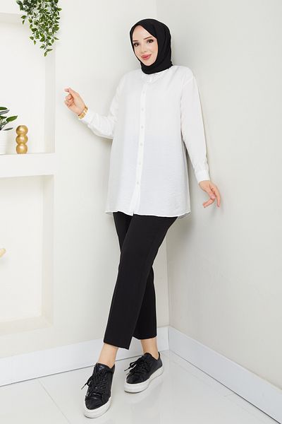 Pamuk Butik Γυναικείο πουκάμισο Lilium με λεπτομέρεια με κουμπί στην πλάτη που δεν δείχνει εσωτερικά