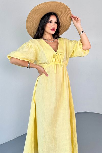 Cappmoda ELB-01812 Μακρύ φόρεμα με κίτρινο λαιμόκοψη από βαμβακερό λινό