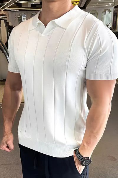 Tarz Cool Men's White Striped Short Sleeve Knitwear T-Shirt