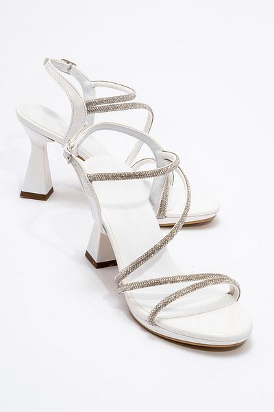 CCWAY AYAKKABI Cross Stone Women's Heeled Sandals White Patent Leather