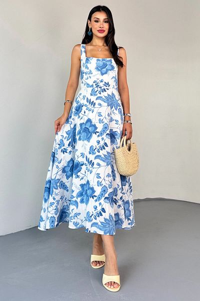 Cappmoda ELB-01810 Μπλε τετράγωνο γιακά Λευκό φλοράλ μοτίβο φόρεμα με λουράκι