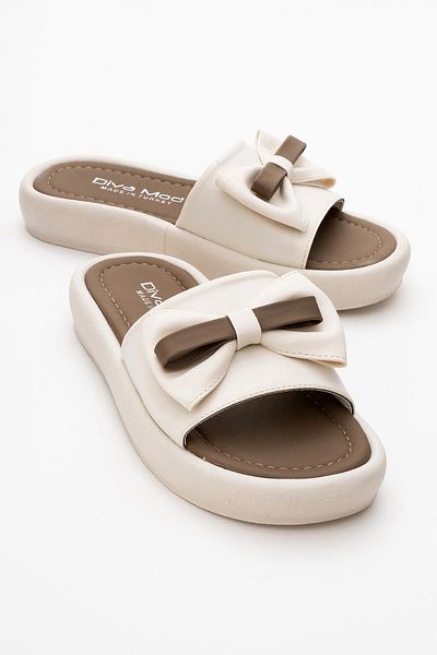 CCWAY AYAKKABI Women's Bow Tie Buckle Slippers Ecru Brown