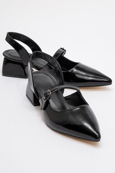 CCWAY AYAKKABI Women's Open Back Strap Buckle Sandals Black Patent Leather