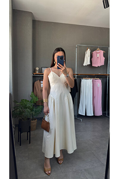 YOUR NAME Bel Detaylı Pamuklu Askılı Midi Elbise