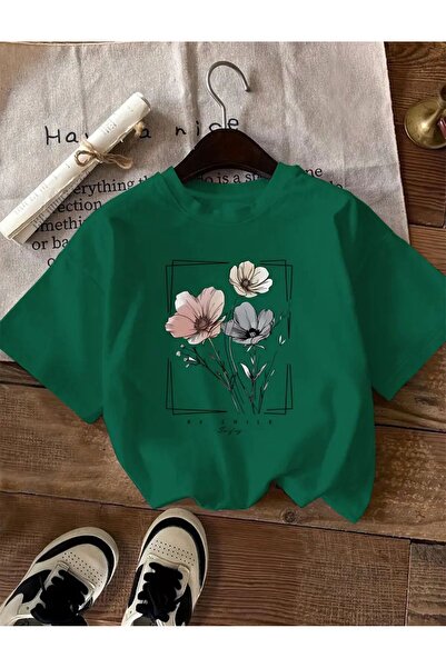 caddekombin Πράσινο μπλουζάκι από βαμβακερό χτενισμένο βαμβάκι με στάμπα Be Smile Flower