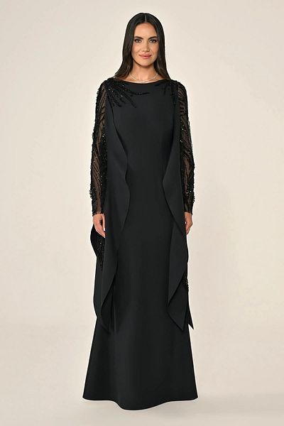 ALFABETA Women's Scoop Neckline Long Length Sleeves with Stones See-Through Detail Black Evening Dress & Homecoming Dress Ab7114