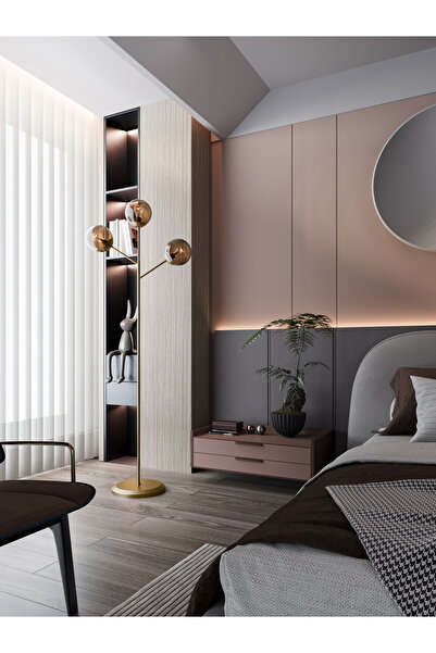 avizade LOREVA 3'lü Bal Cam Küre Lambader - Eskitme Metal Gövdeli Modern Yer Lambası