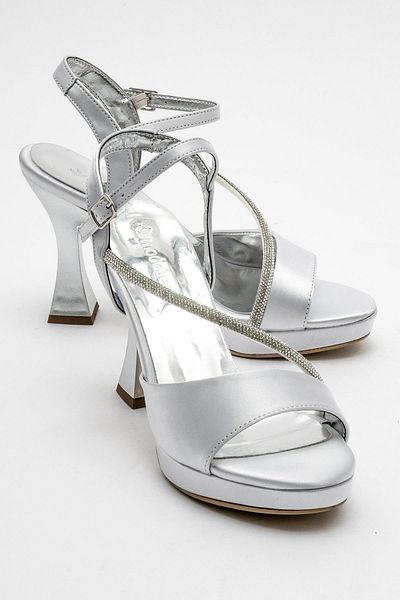 CCWAY AYAKKABI Women's Stone Platform Heeled Shoes Silver Satin