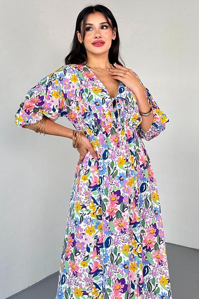 Cappmoda ELB-01814 Καλοκαιρινό φόρεμα με διπλό γιακά με λουλούδια μπλε παστέλ