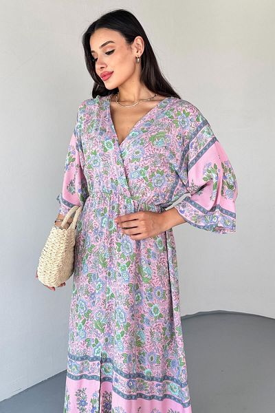 Cappmoda ELB-01813 Μακρύ φόρεμα με λουλουδάτο μοτίβο βισκόζης με διπλό γιακά σε σκόνη