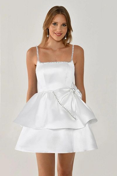 ALFABETA Women's Mini Length Patterned Chiffon Fabric with String Strap White Evening & Homecoming Dress Ab6572-White