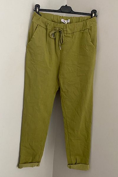 AYASOFYA OTANTIK Women's Italian Light Khaki Tie Waist Lycra Skinny Leg Trousers