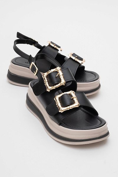 CCWAY AYAKKABI Women's Gold Buckle Sandals Black