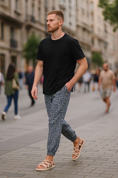 SUPERBLUE Men's Summer Patterned Blue Jogger Baggy Trousers