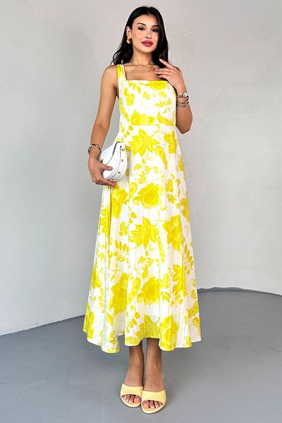 Cappmoda ELB-01810 Κίτρινο τετράγωνο γιακά Λευκό φλοράλ μοτίβο φόρεμα με λουράκι