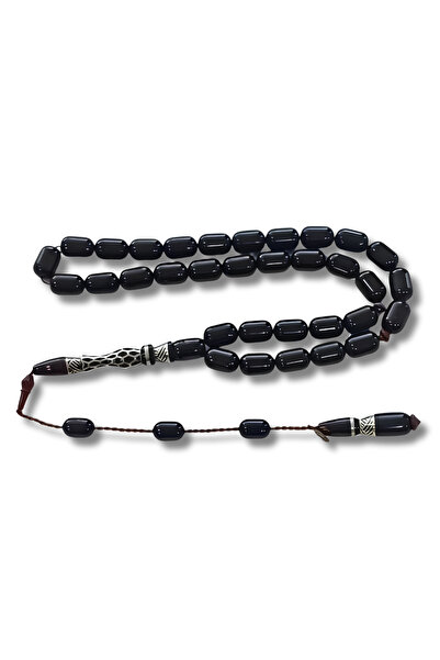 Tesbihane 925 Ayar Gümüş Nakkaş İmameli Sitemli Oltu Taşı Tesbih Yılan Ağacı Dolgulu Uçlu Kapsül Kesim