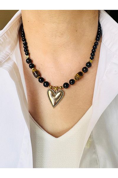 DEVİ fashion Agate and Tiger Eye Natural Stone Antique Heart Necklace 45 cm