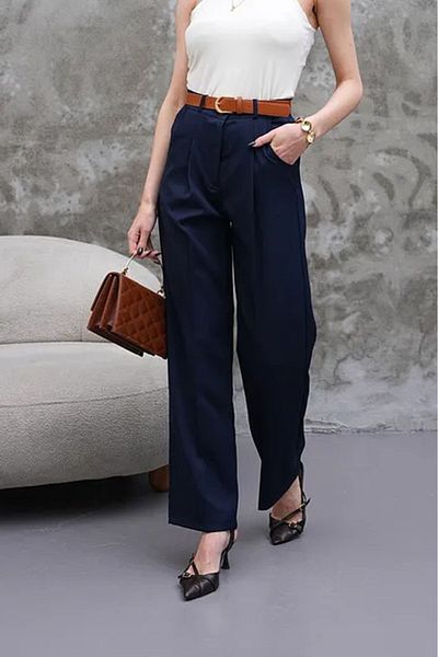 LAND MODA Women's High Waist Loose Wide Leg Belt Pleated Woven Fabric Palazzo Pants
