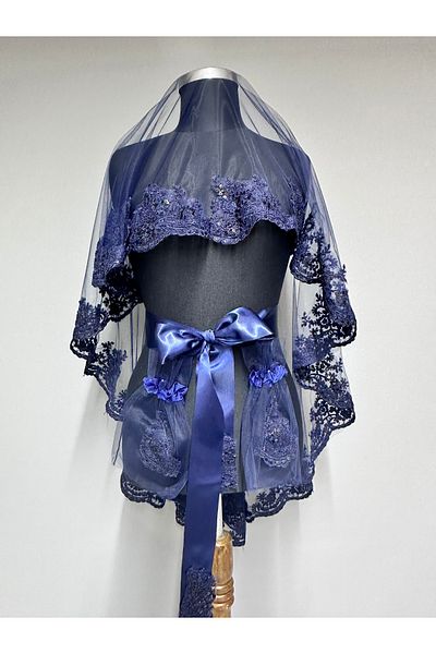 Hayalperest boncuk Fiore Lace Embroidered Modern Bridal Henna Veil Set Navy Blue