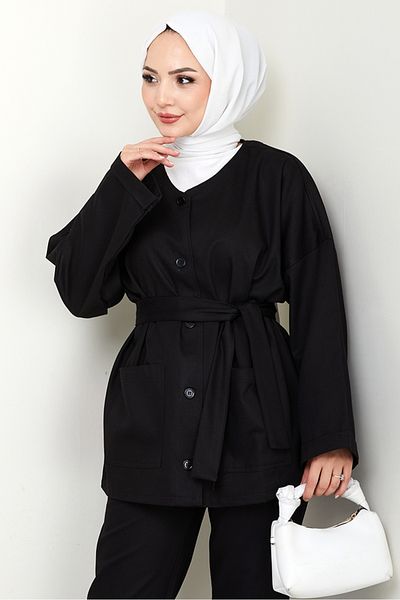 Bestenur Belted Jacket Trousers Gabardine Suit 1557 - Black