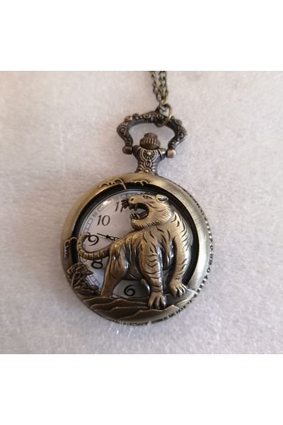 Butik Tülin Unisex Authentic Bronze Perforated Tiger Shackle Pocket Watch Necklace 4.5X47Cm Made in Thailand