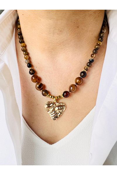 DEVİ fashion Tiger Eye Natural Stone Antique Heart Necklace 46 cm