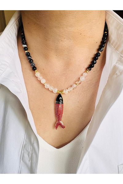DEVİ fashion Agate Natural Stone Design Fish Necklace 46 cm