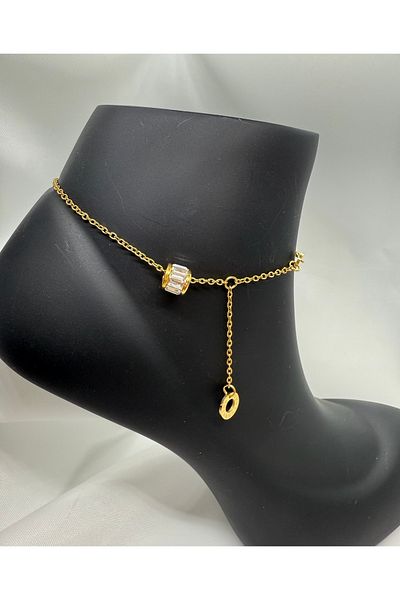 Mila Lumiere Baguette Stone Detailed Dangle Gold Gold Color Steel Anklet