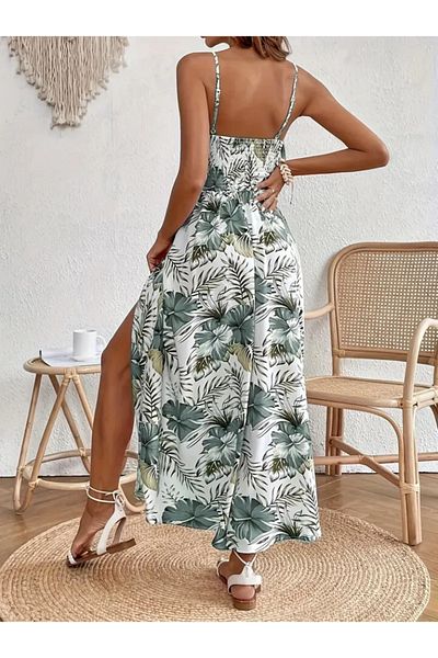ETİLER COLLECTION Rochie maxi din jerseu pentru femei, cu bretele din frânghie, cu decolteu în V, cu talie, cu model de flori din guipură, cu fantă laterală