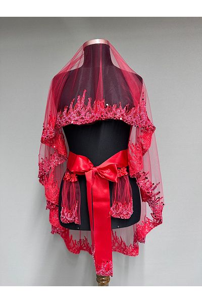 Hayalperest boncuk Liora Bridal Veil Sequin Decorated Special Artistic Design Red