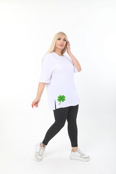 ÇİFTXL Large Size Knitted Viscose White Printed Salas T-Shirt