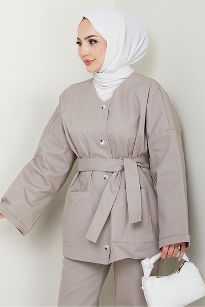Bestenur Ζακέτα Παντελόνι Ζώνης Gabardine Σετ 1557 - Πέτρα