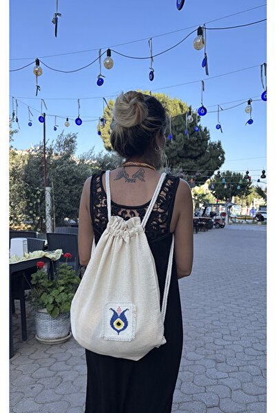 Handream Raw Linen Fabric Evil Eye Bead Processed Etamine Detailed Backpack (...
