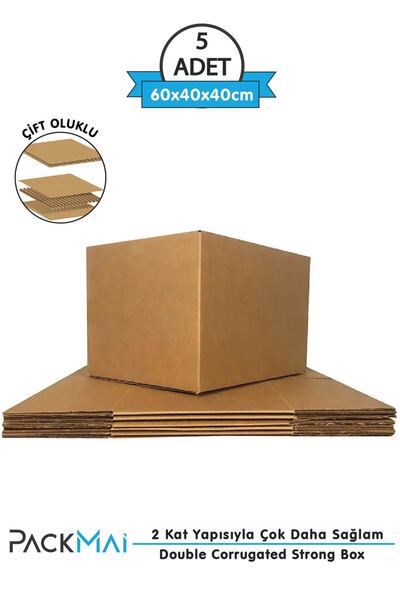 PackMai 60x40x40cm 5ADET 1.Kalite 6mm Çift Oluklu Kalın Karton Koli Kutu (Ev Taşıma-Kargo-Taşınma-Çeyiz)